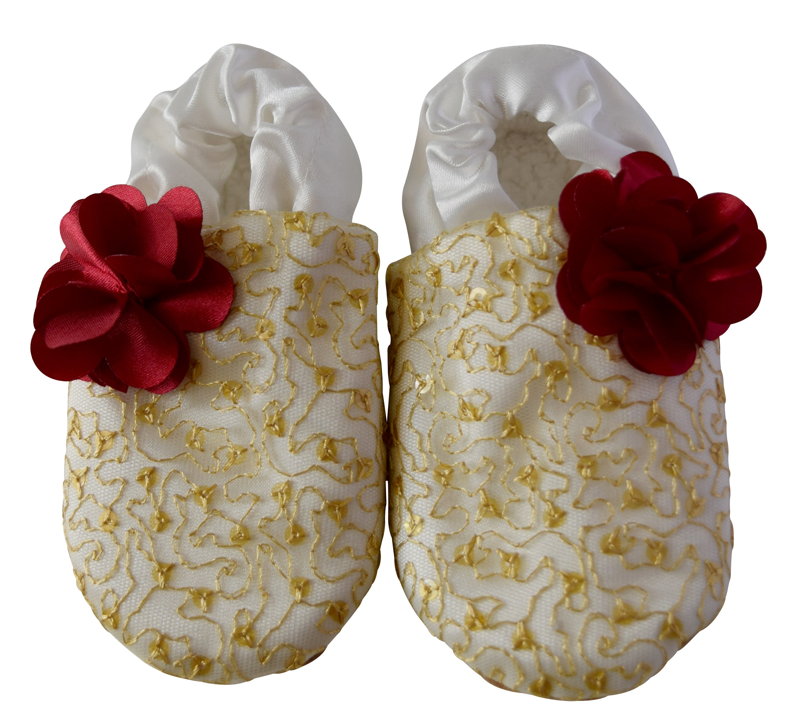 kids shoes_Gold Mono Lace on Ivory Satin with Maroon Flower Booties