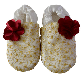 kids shoes_Gold Mono Lace on Ivory Satin with Maroon Flower Booties