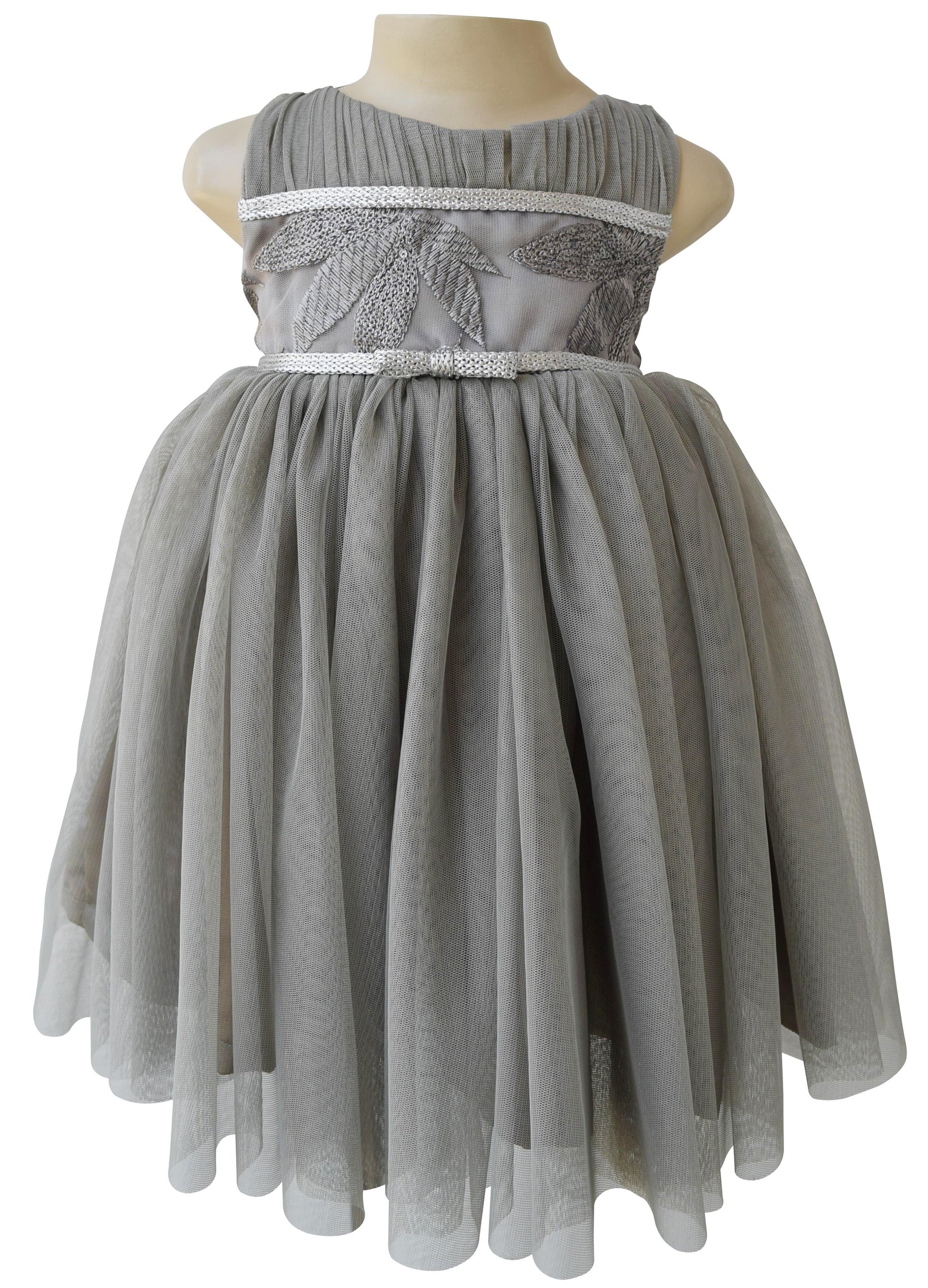 Kids Birthday Dress_Faye Grey Leaf Embroidered Dress