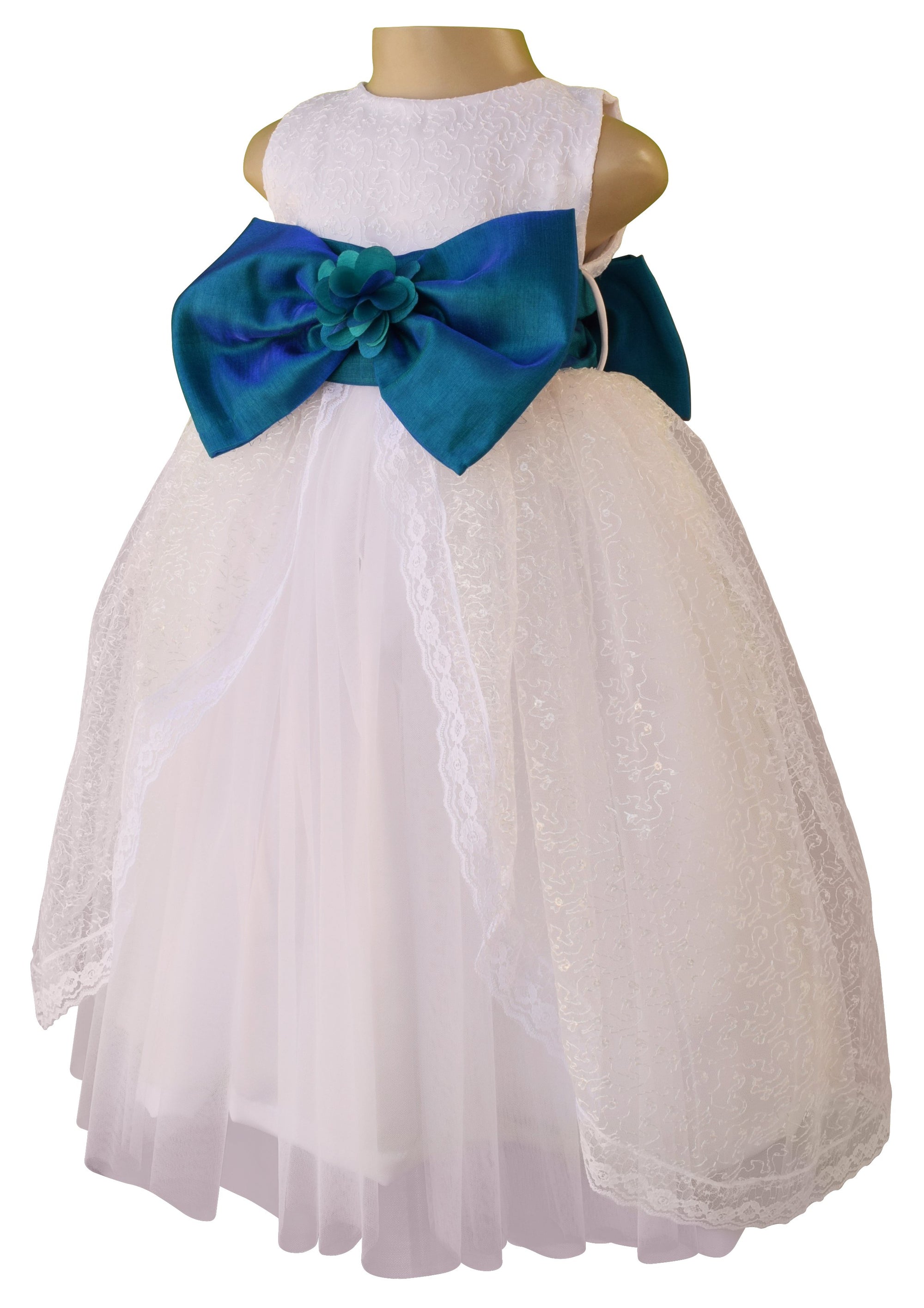 Faye White Embroidered Gown with Peacock Blue Bow & Sash