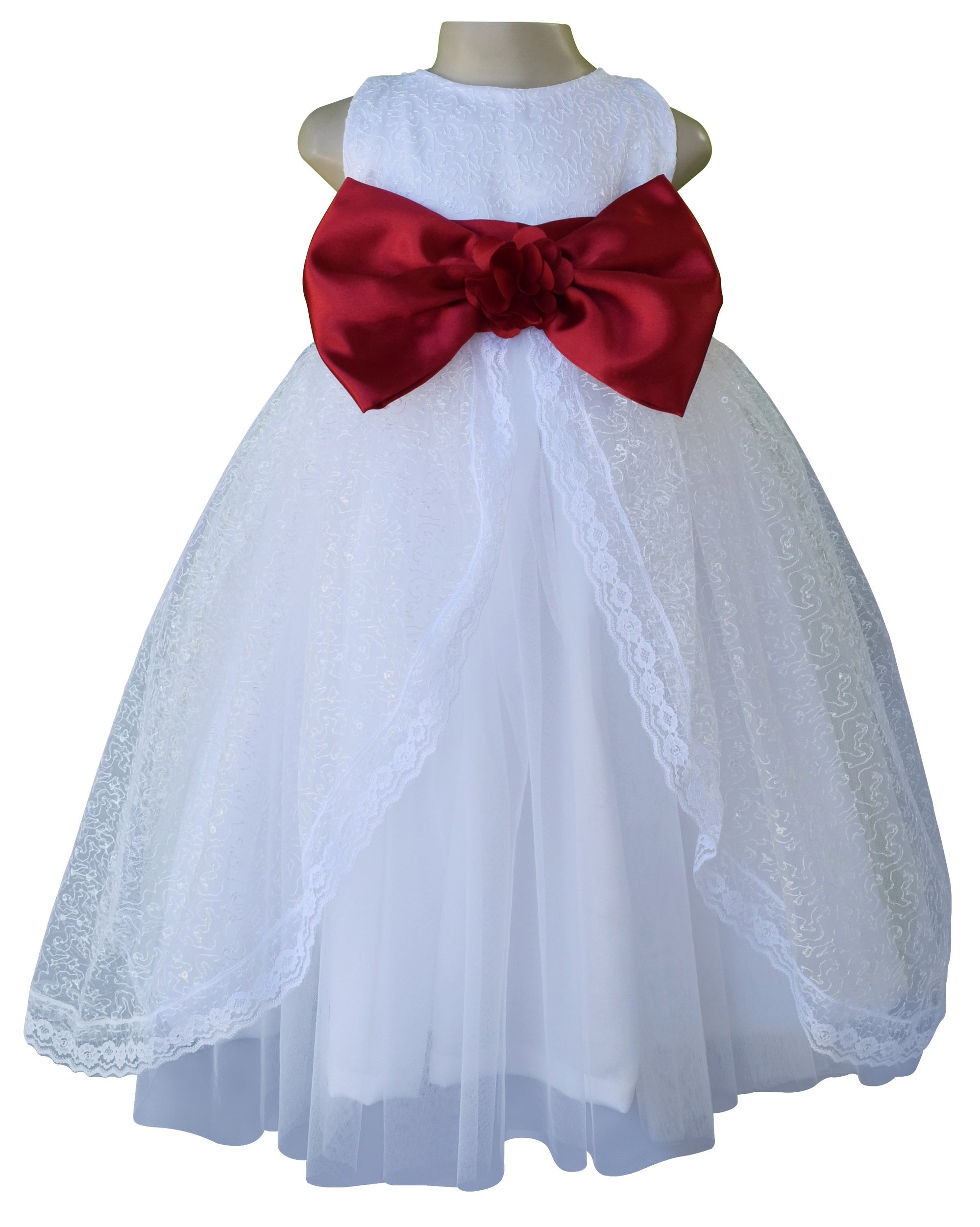 Faye White Embroidered Gown with Maroon Bow & Sash