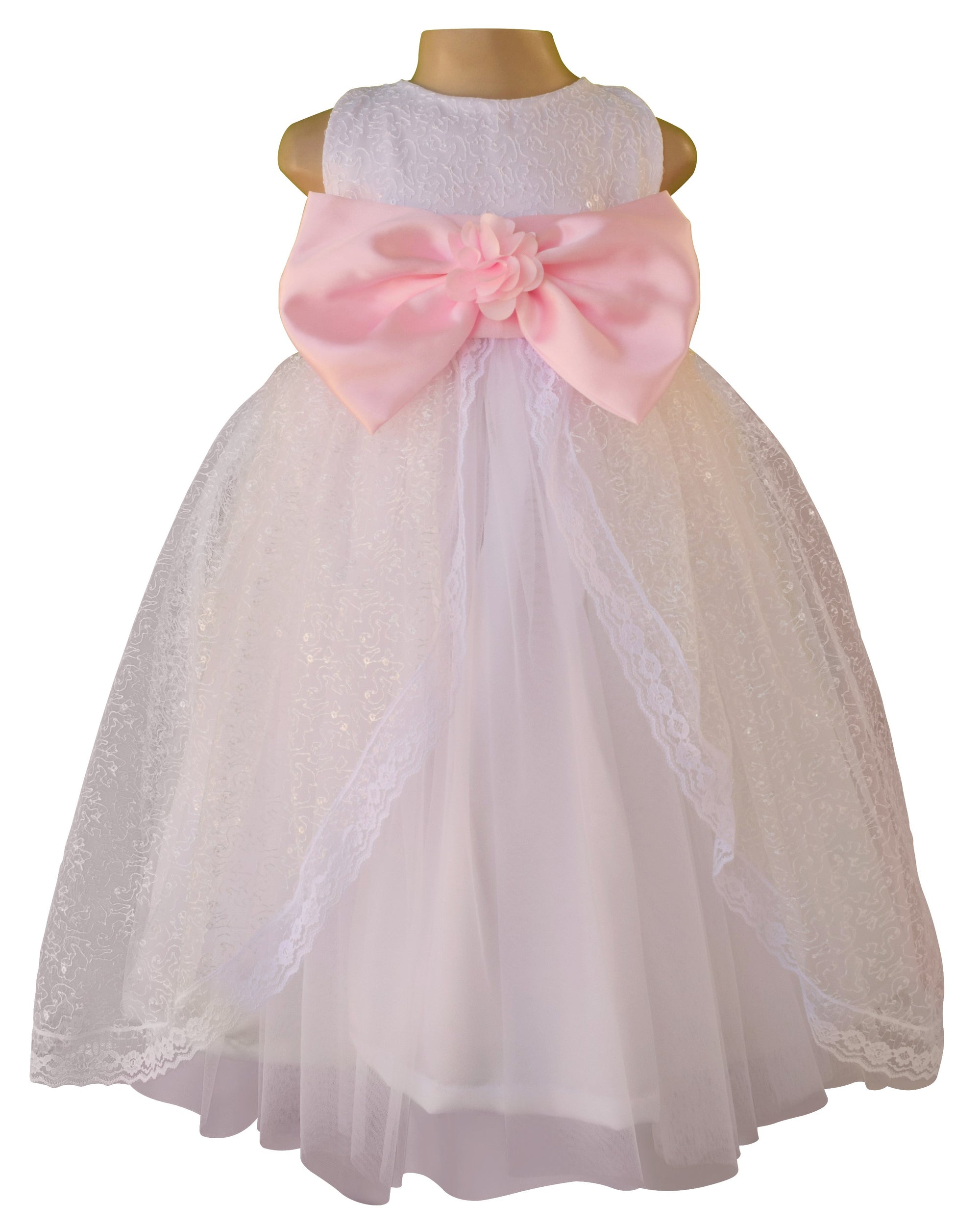 Faye White Embroidered Gown with Pink Bow & Sash