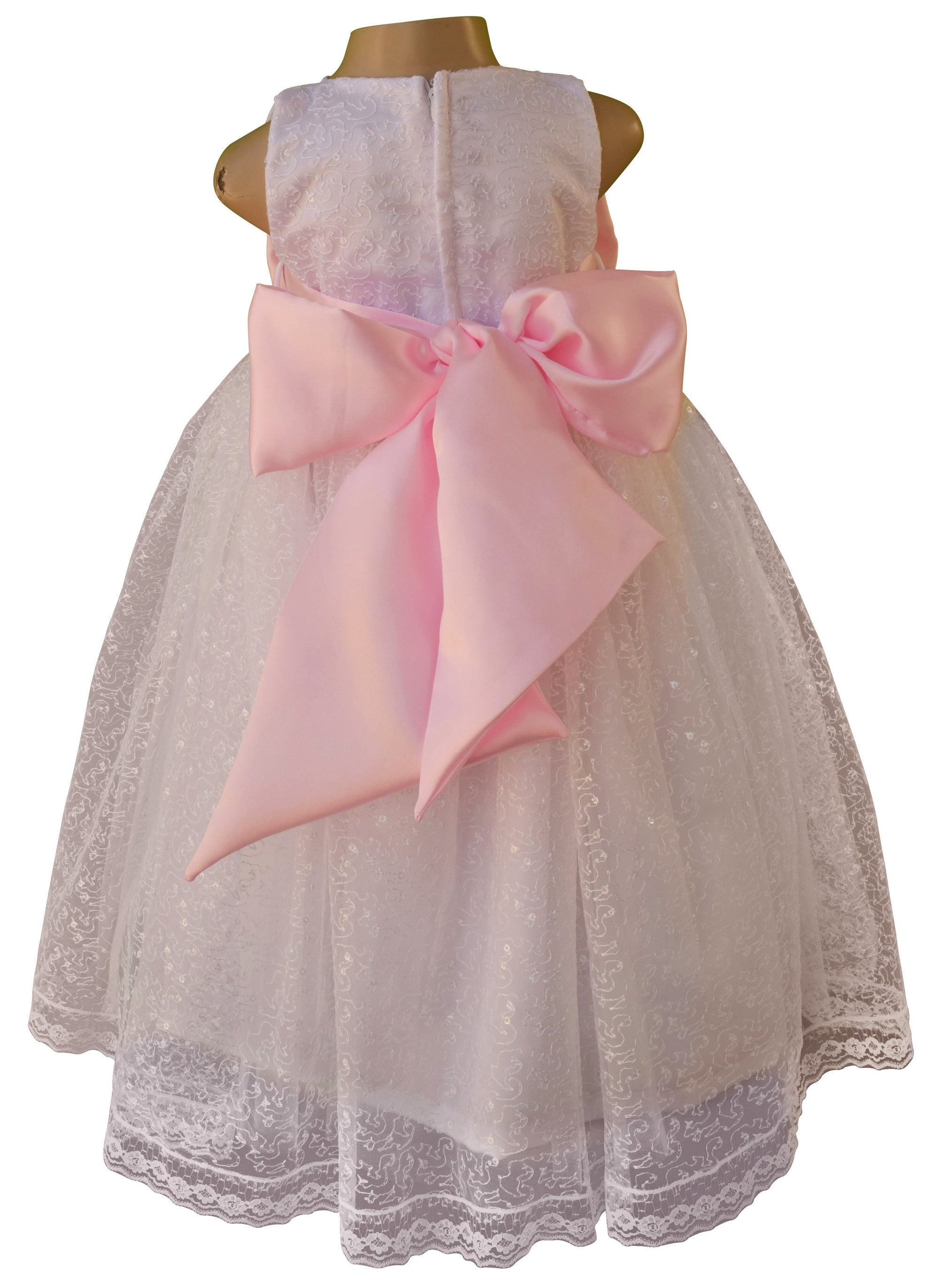 Faye White Embroidered Gown with Pink Bow & Sash