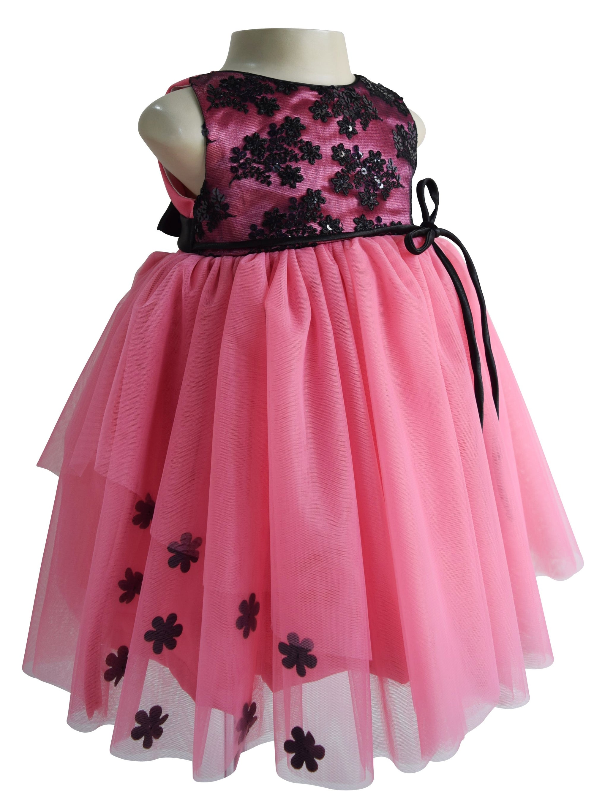 kids dress in Black & Onion Pink Layered lace & net 