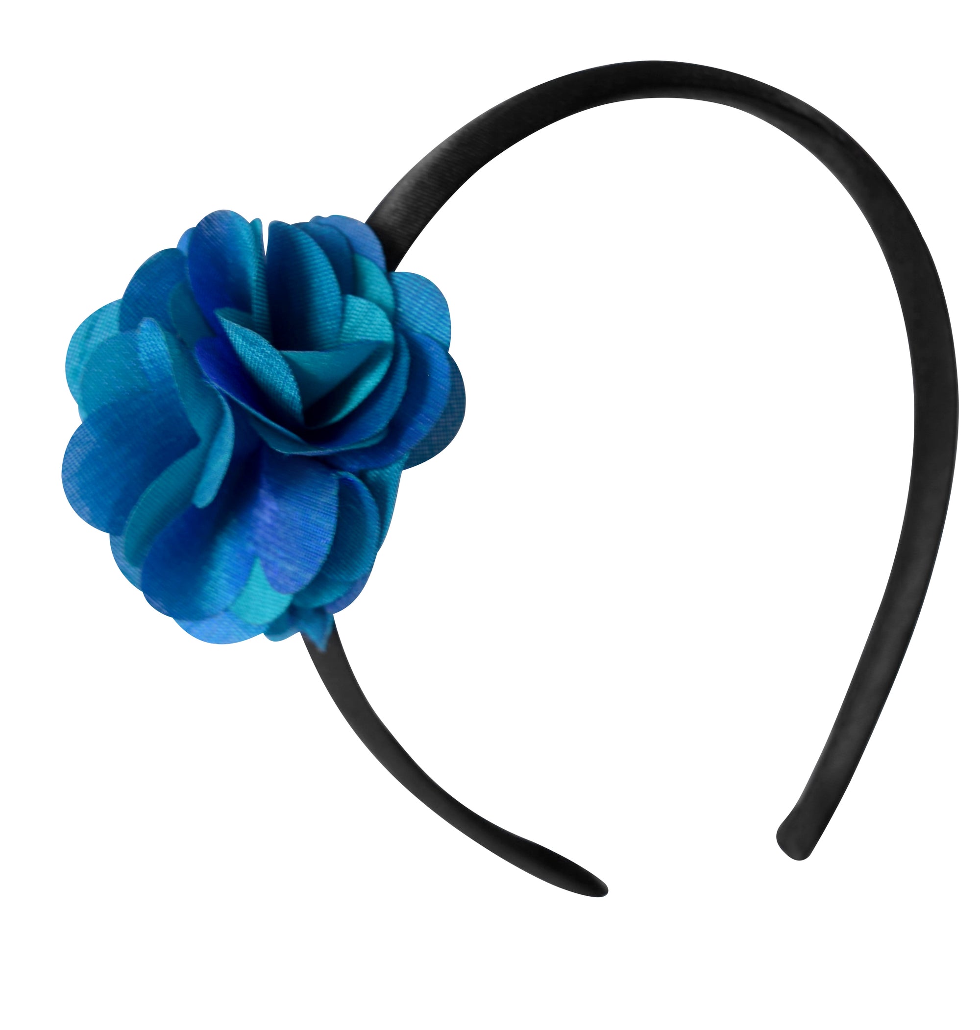Hair band with Peacock Blue colour satin Flower on Black Satin