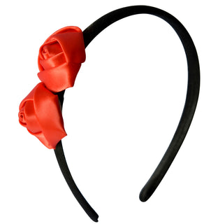 Kids Hair Band with 2 Red Satin rolled flower on Black Satin