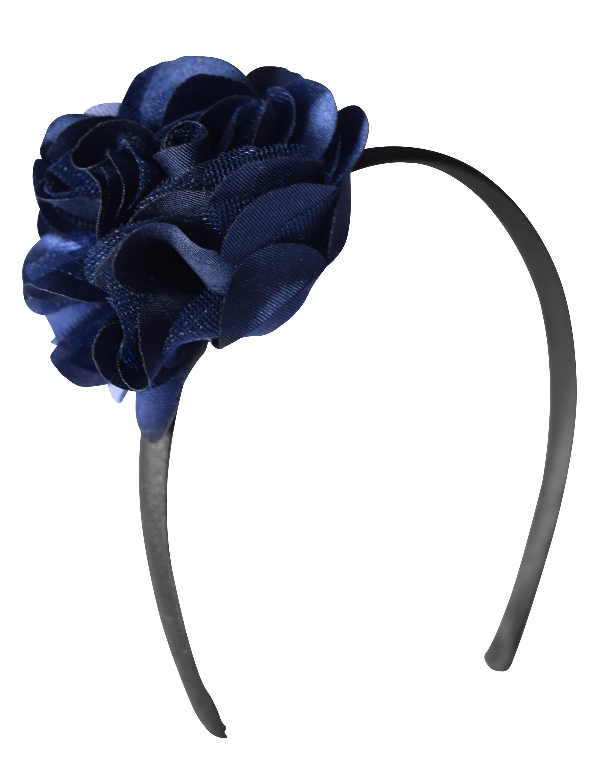 Kids Hairband with Navy Blue Big Flower on Black Satin