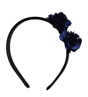 kids hairband_Navy 2 flowers on Black Satin