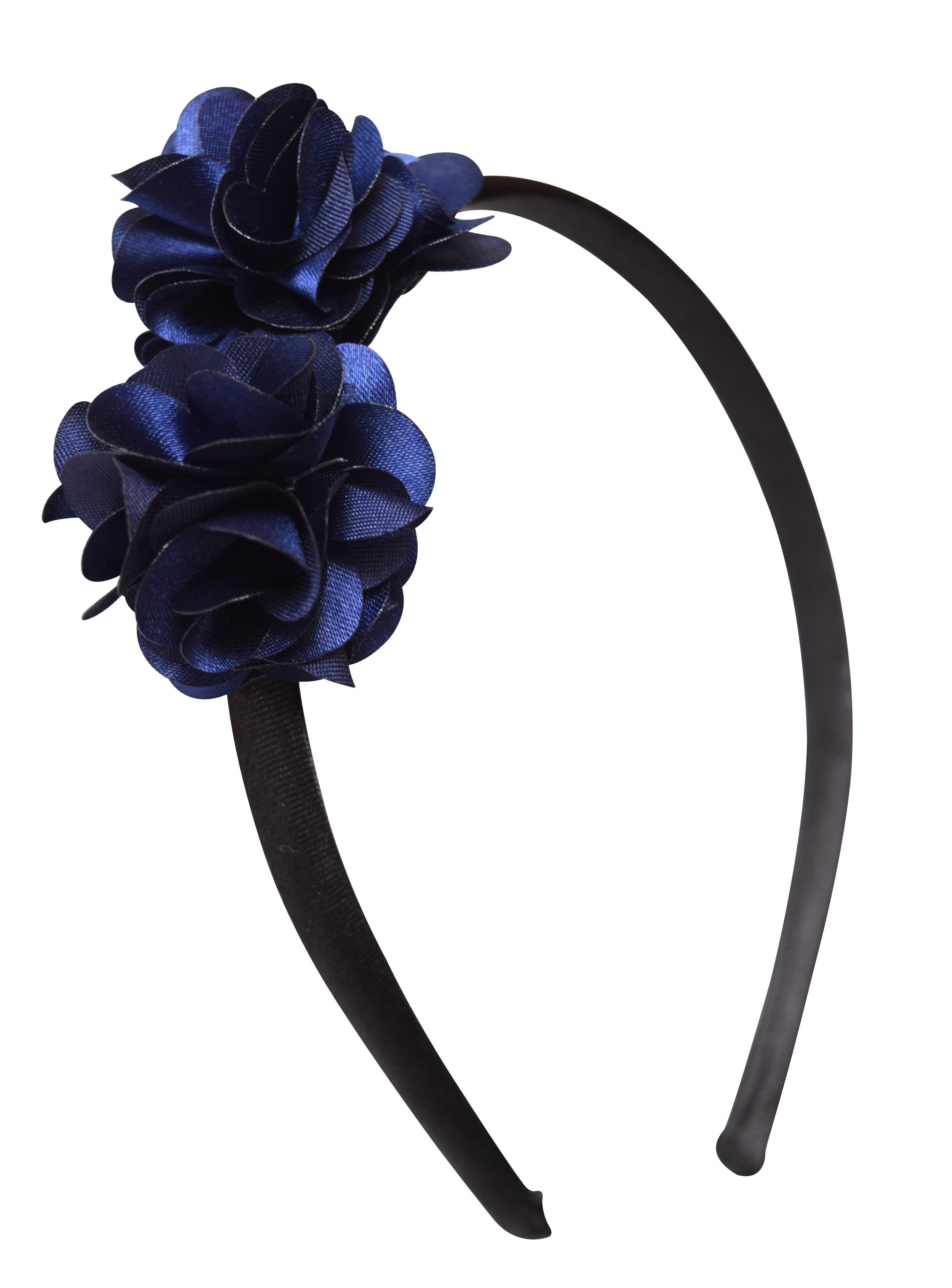 Navy 2 flowers on Black Satin hair band